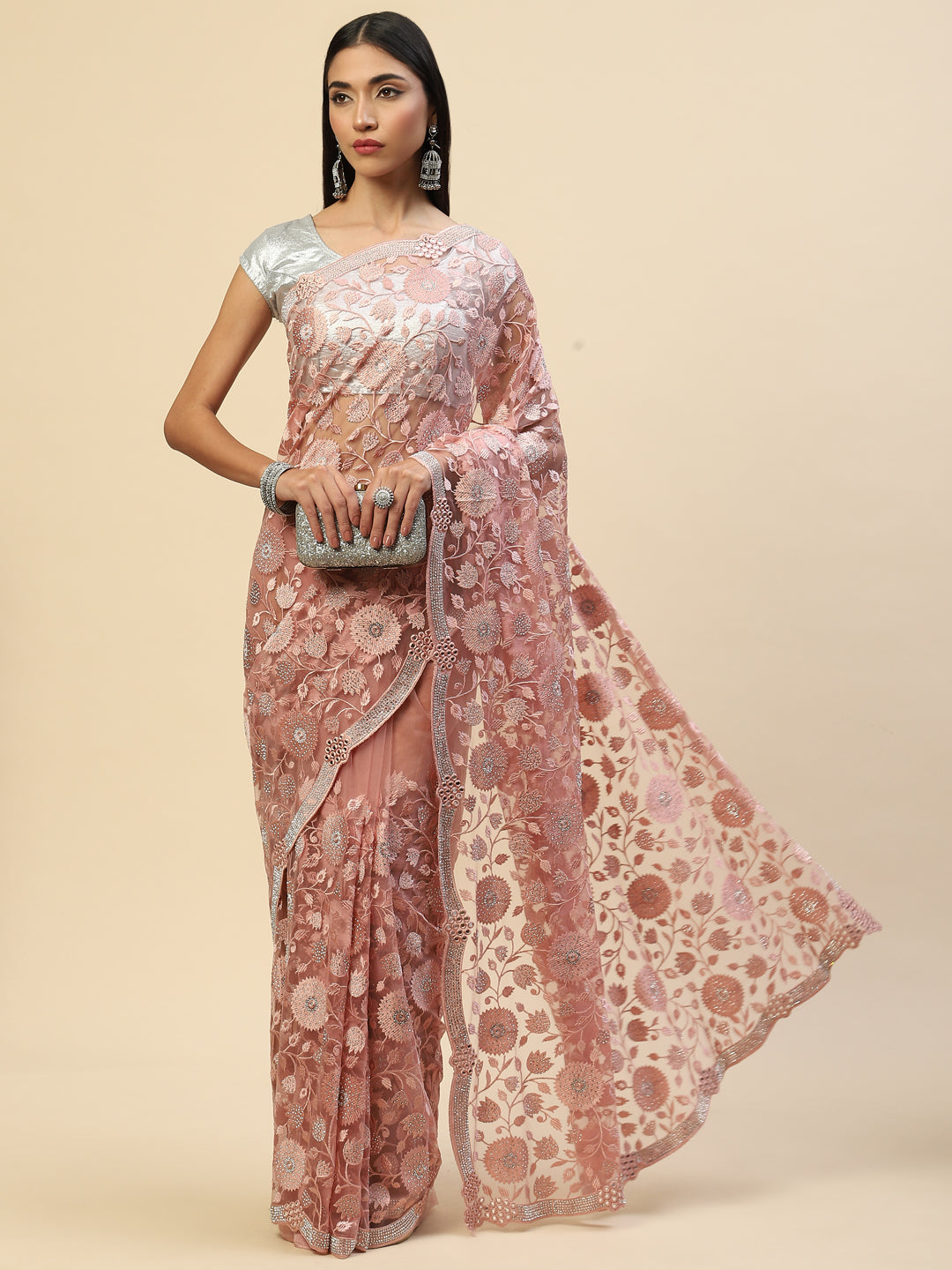 Floral Embroidered Net Saree