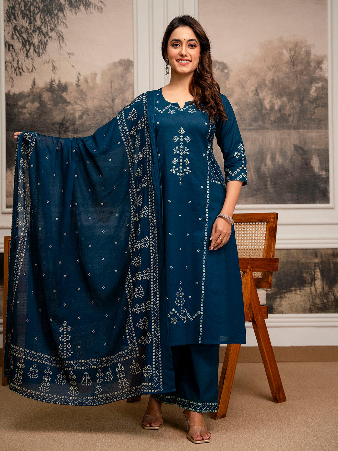 Printed Cotton Blend Kurta With Pant &amp; Dupatta