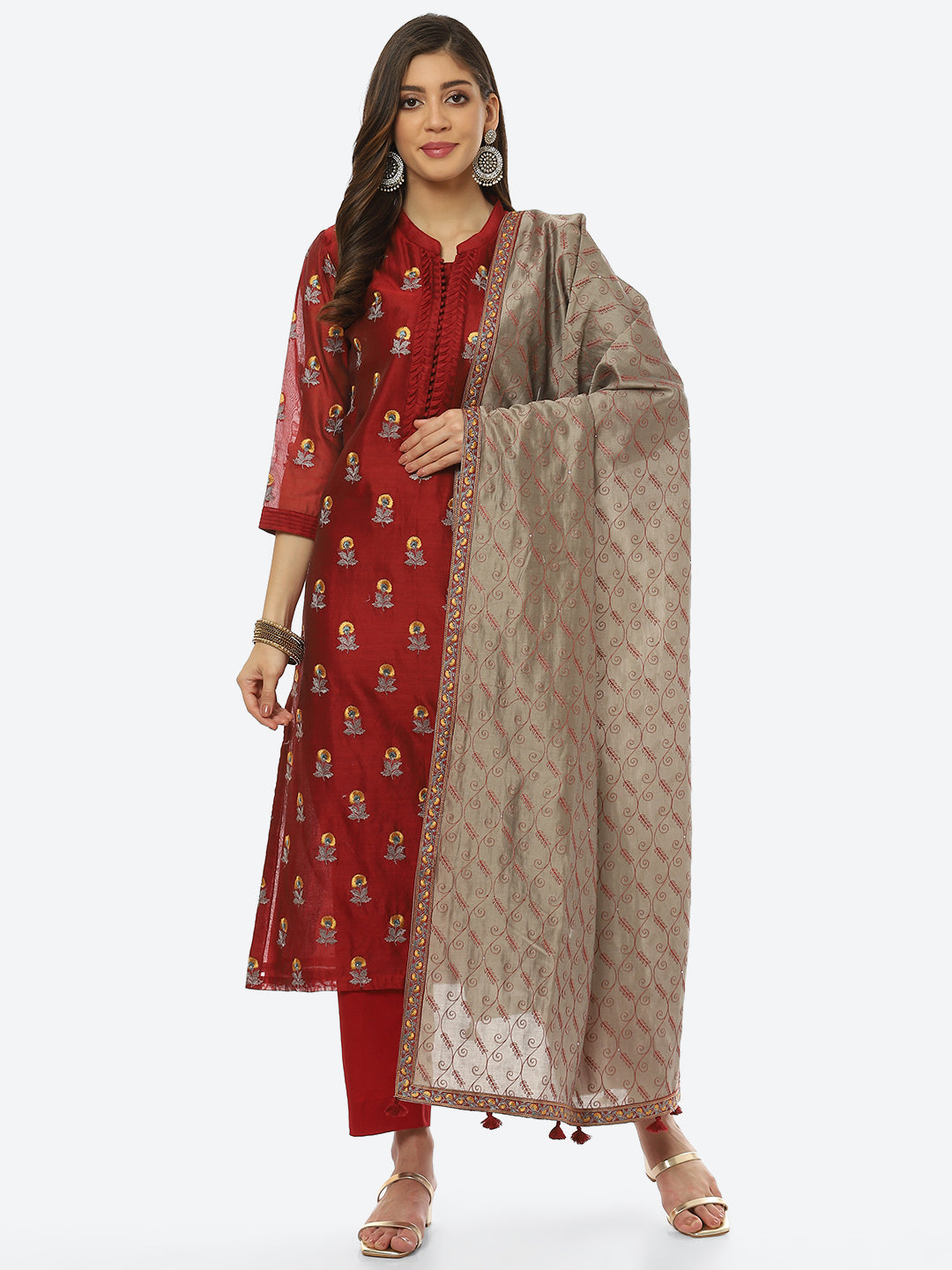 Resham Booti Cotton Kurta With Pant &amp; Dupatta