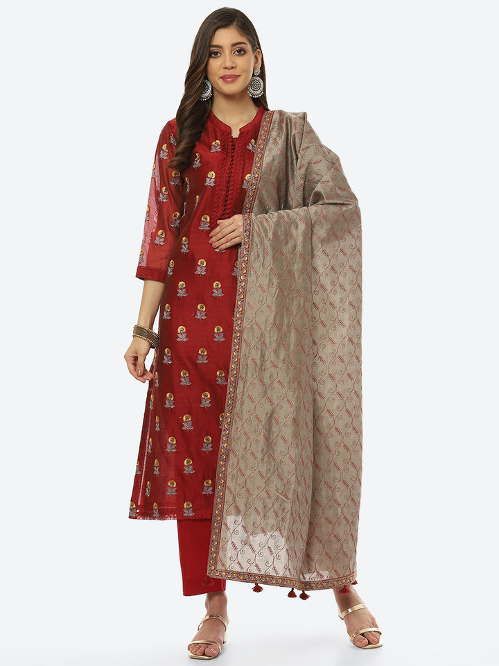 Resham Booti Cotton Kurta With Pant &amp; Dupatta
