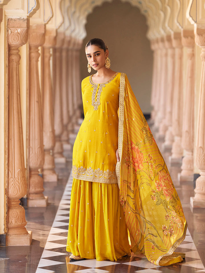 Embroidered Chinon Kurta With Sharara &amp; Dupatta