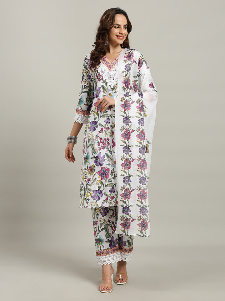 Floral Parinted Cotton Blend Kurta With Pants &amp; Dupatta