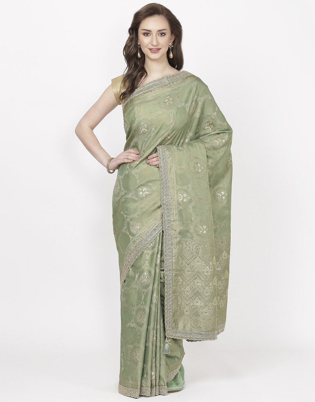 MBZ Meena Bazaar-Green Banarasi Tissue Saree