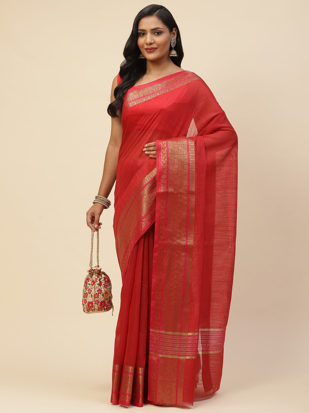 Plain Zari Border Cotton Woven Saree
