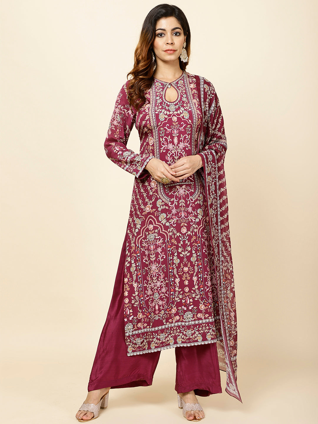 Digital Floral Printed Crepe Kurta With Palazzo &amp; Dupatta