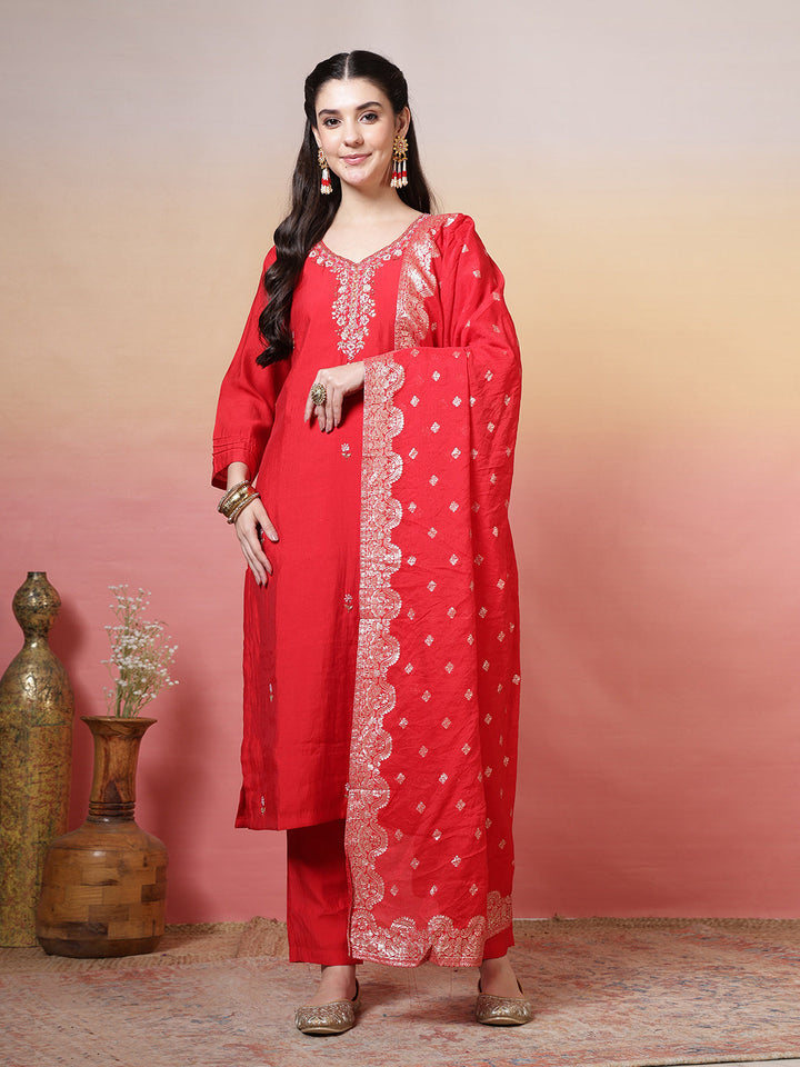 Embroidered Muslin Kurta With Pants &amp; Dupatta
