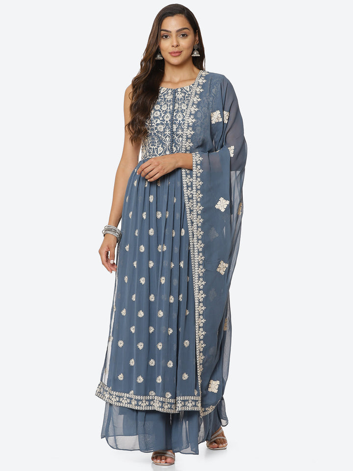 Resham Booti Georgette Kurta With Palazzo &amp; Dupatta