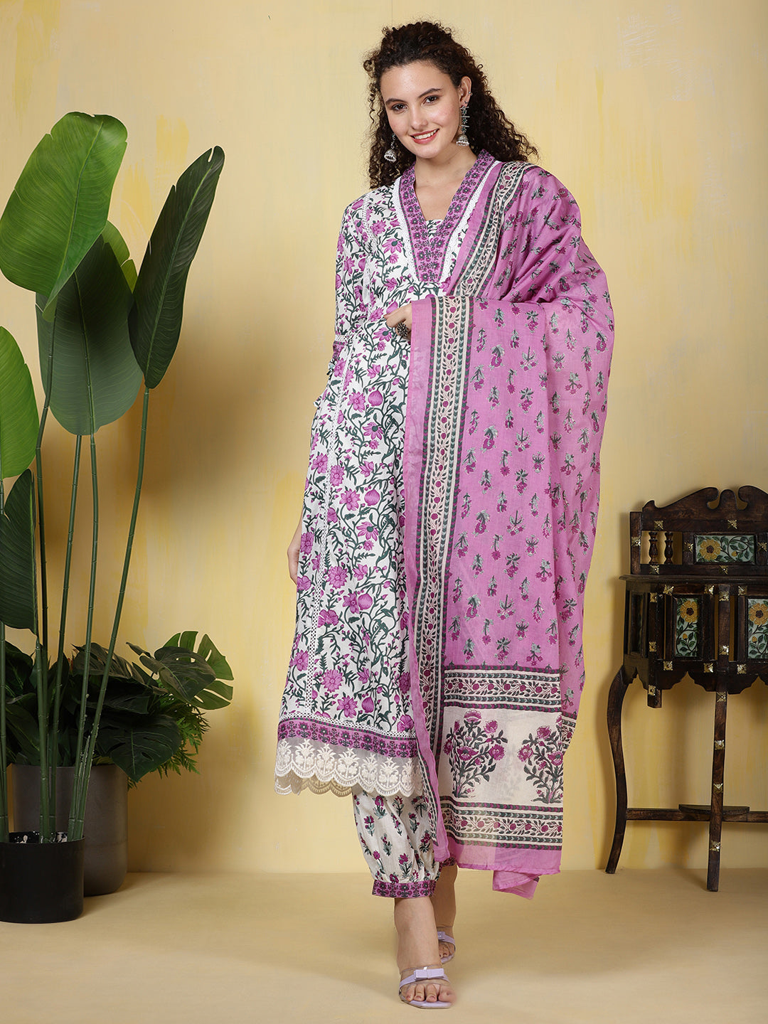 Printed Cotton Blend Kurta With Pants &amp; Dupatta