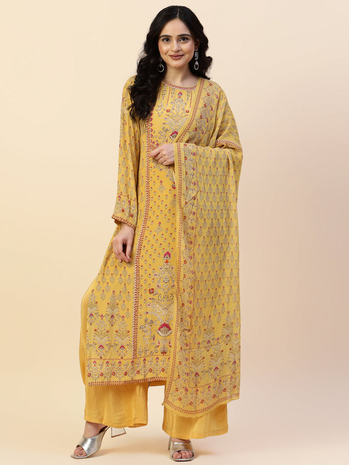 Digital Printed Crepe Kurta With Palazzo &amp; Dupatta