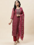 Floral Printed Chanderi Kurta With Pants & Dupatta