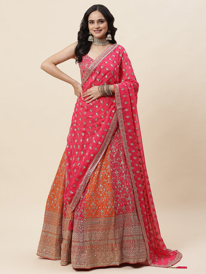 Zari Embroidered Georgette Choli With Lehenga &amp; Dupatta