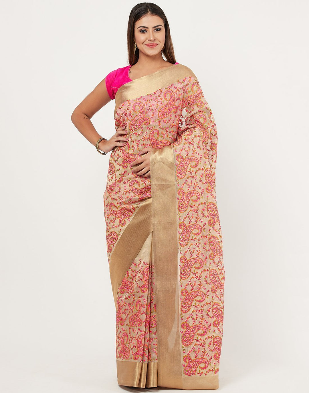 MBZ Meena Bazaar-Beige Rani Cotton Tissue Saree