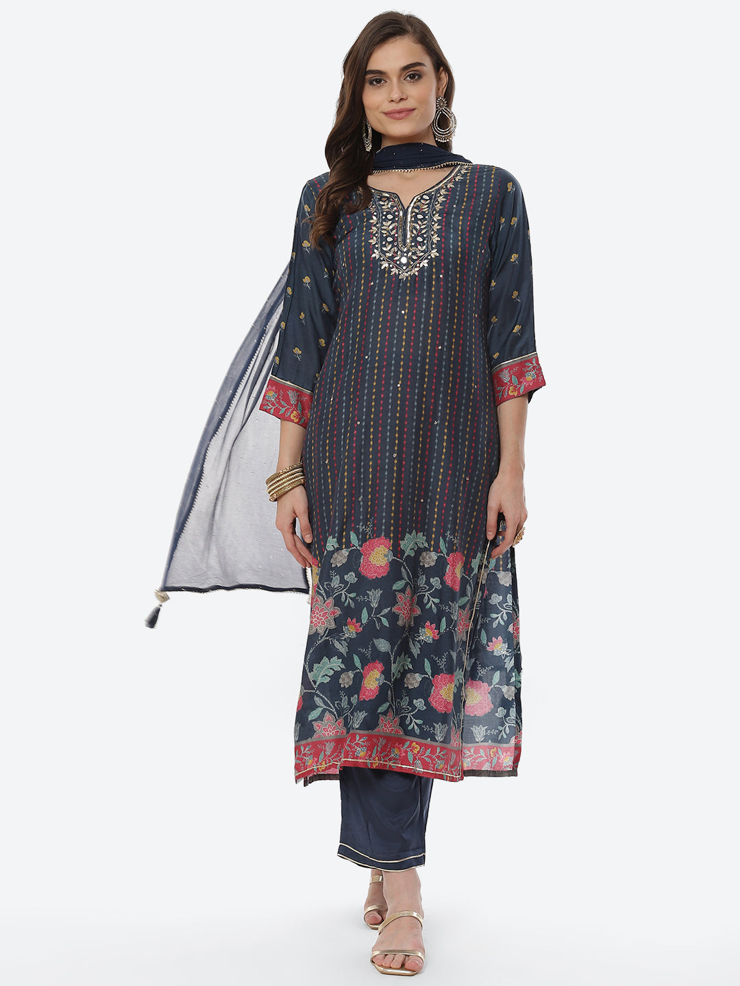 Mirror Work &amp; Printed Muslin Kurta With Pant &amp; Chiffon Dupatta