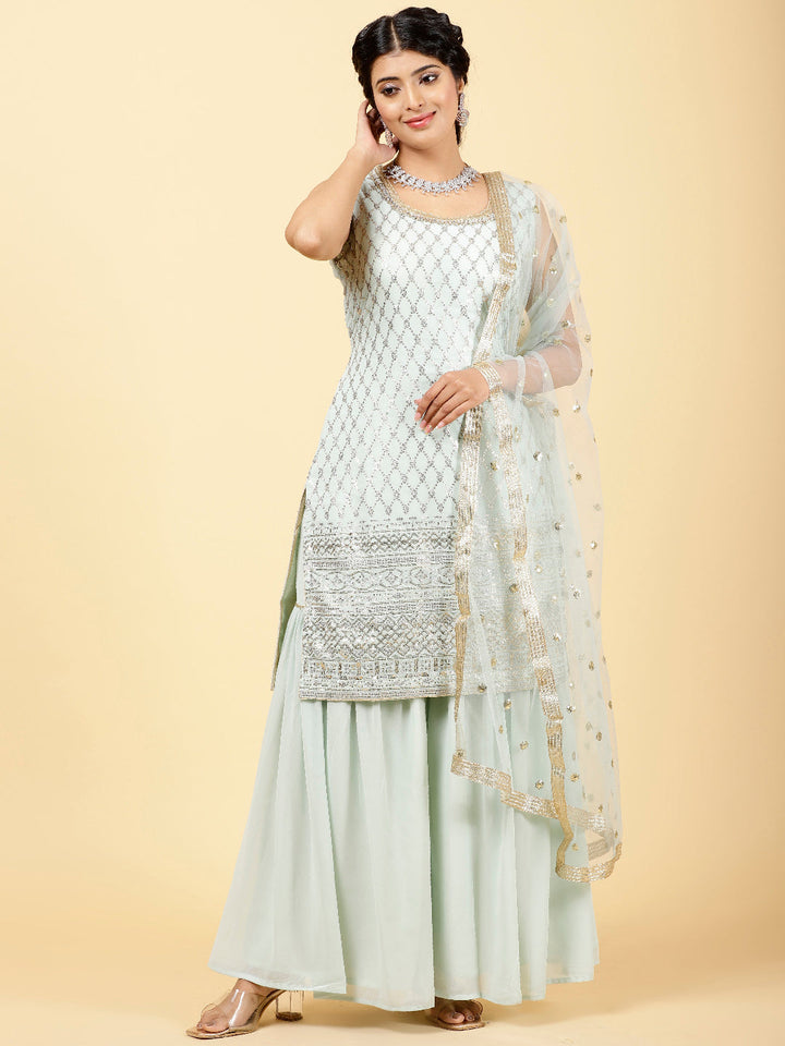 Sequin Georgette Kurta With Palazzo  &amp; Dupatta