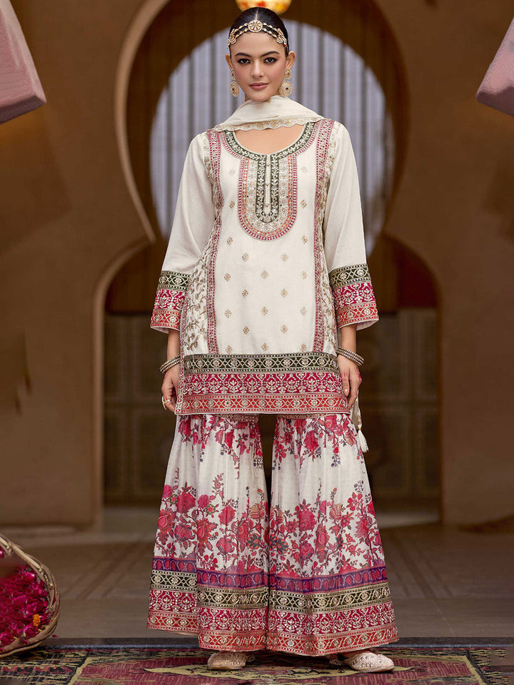 Embroidered Chinon Kurti With Plazzo &amp; Dupatta