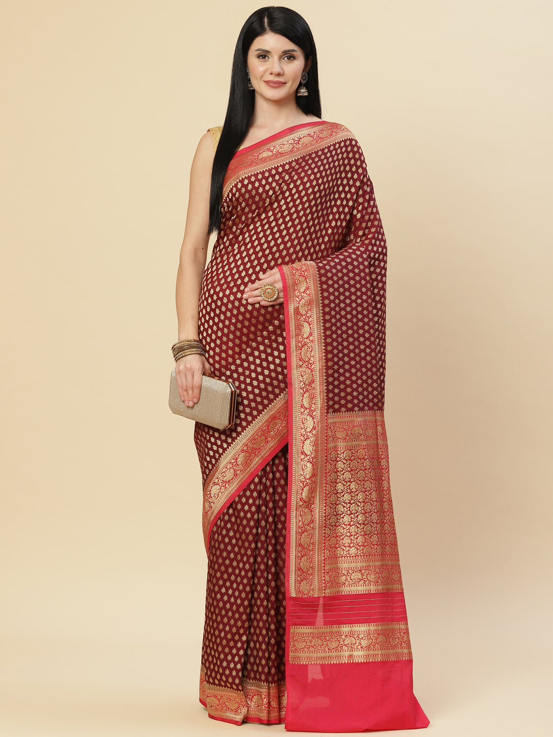 Zari Booti Crepe Plain Saree