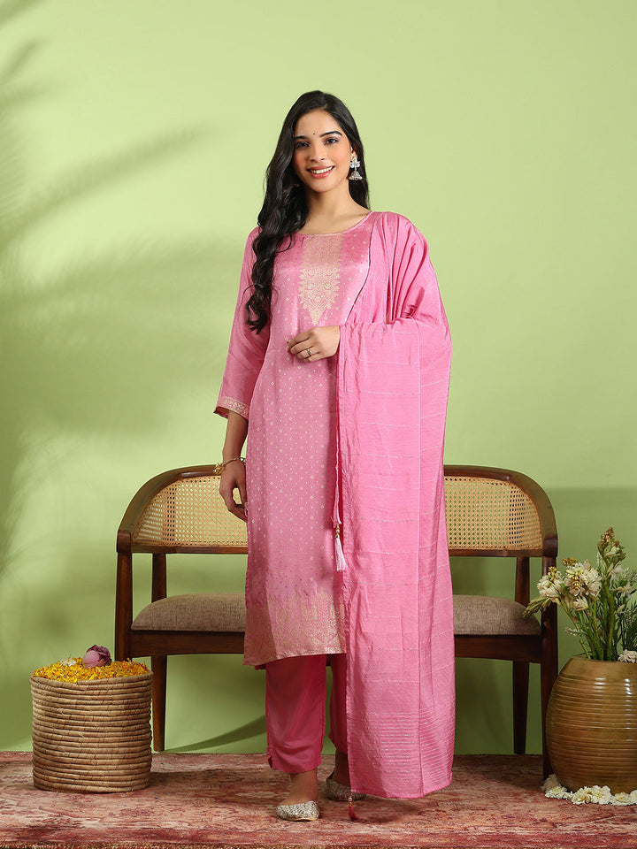 Embroidered Cotton Kurta With Pant &amp; Dupatta