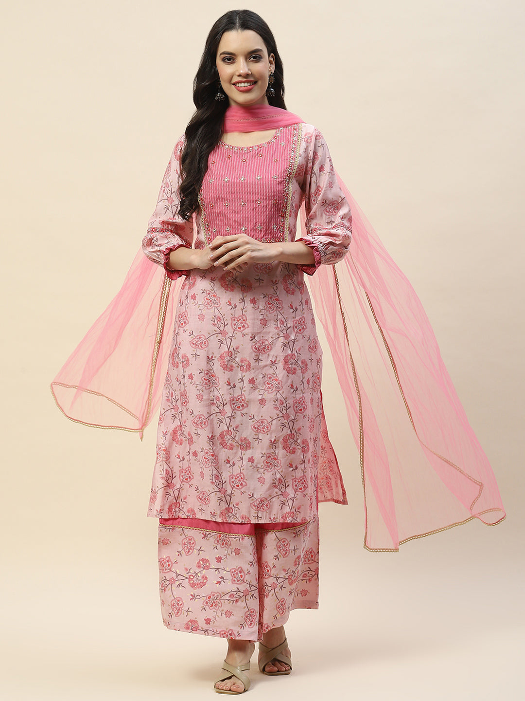 Neck Embroidered Chanderi Suit Set With Dupatta