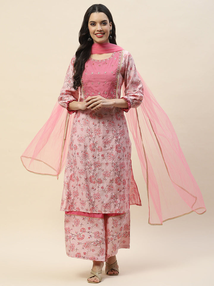 Neck Embroidered Chanderi Suit Set With Dupatta