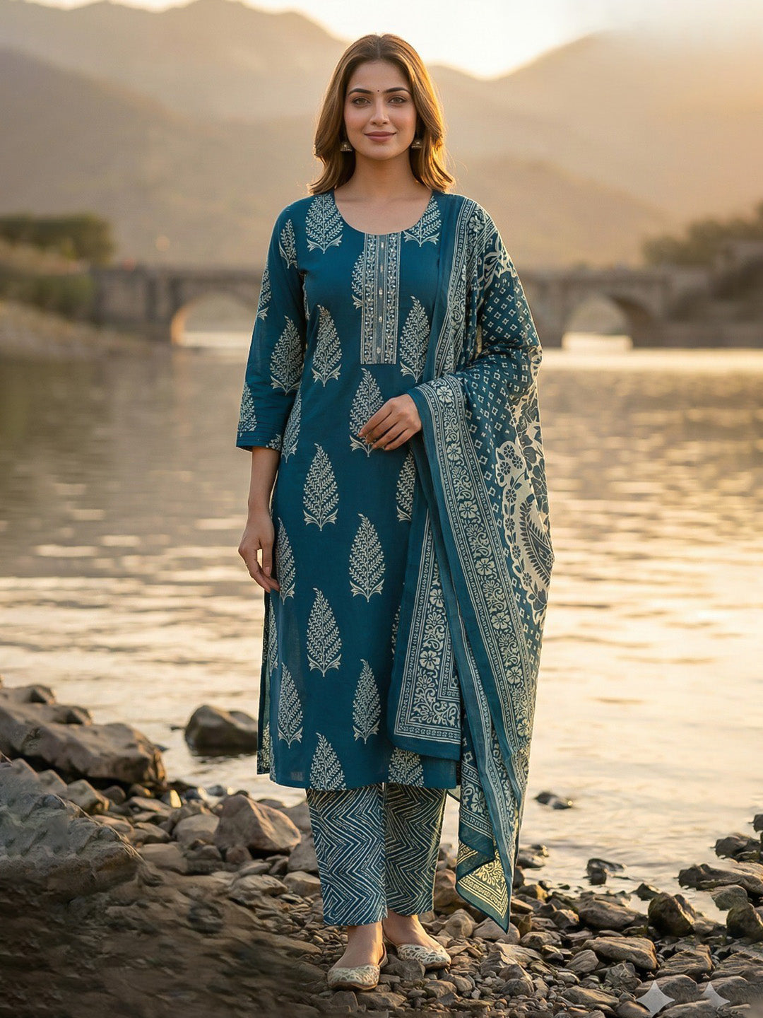Printed Cotton Blend Kurta With Pant &amp; Dupatta