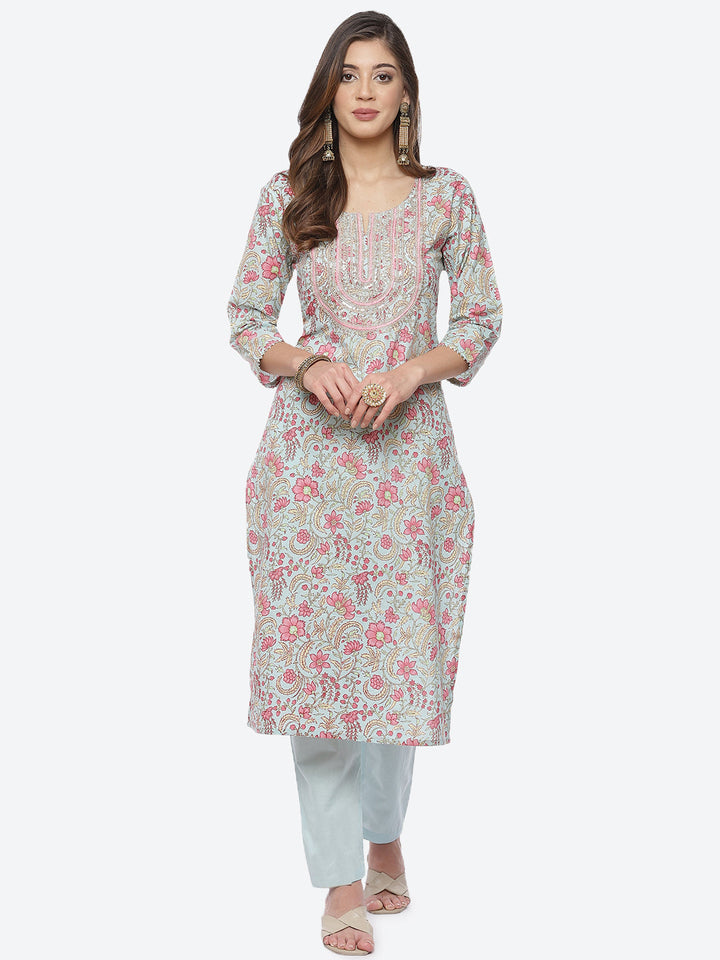 Zari Neck Embroidered Cotton Kurta With Pant