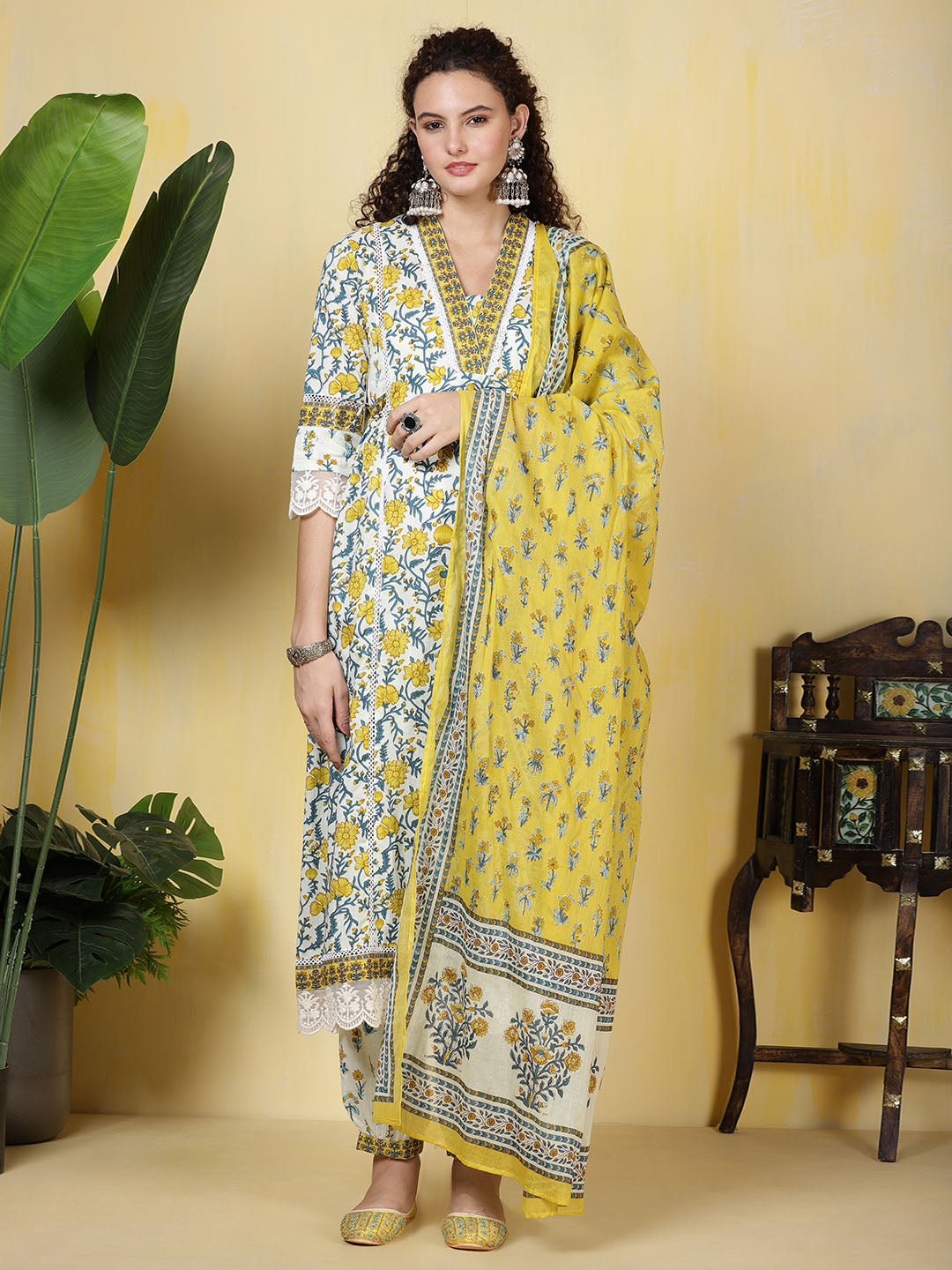 Printed Cotton Blend Kurta With Pants &amp; Dupatta