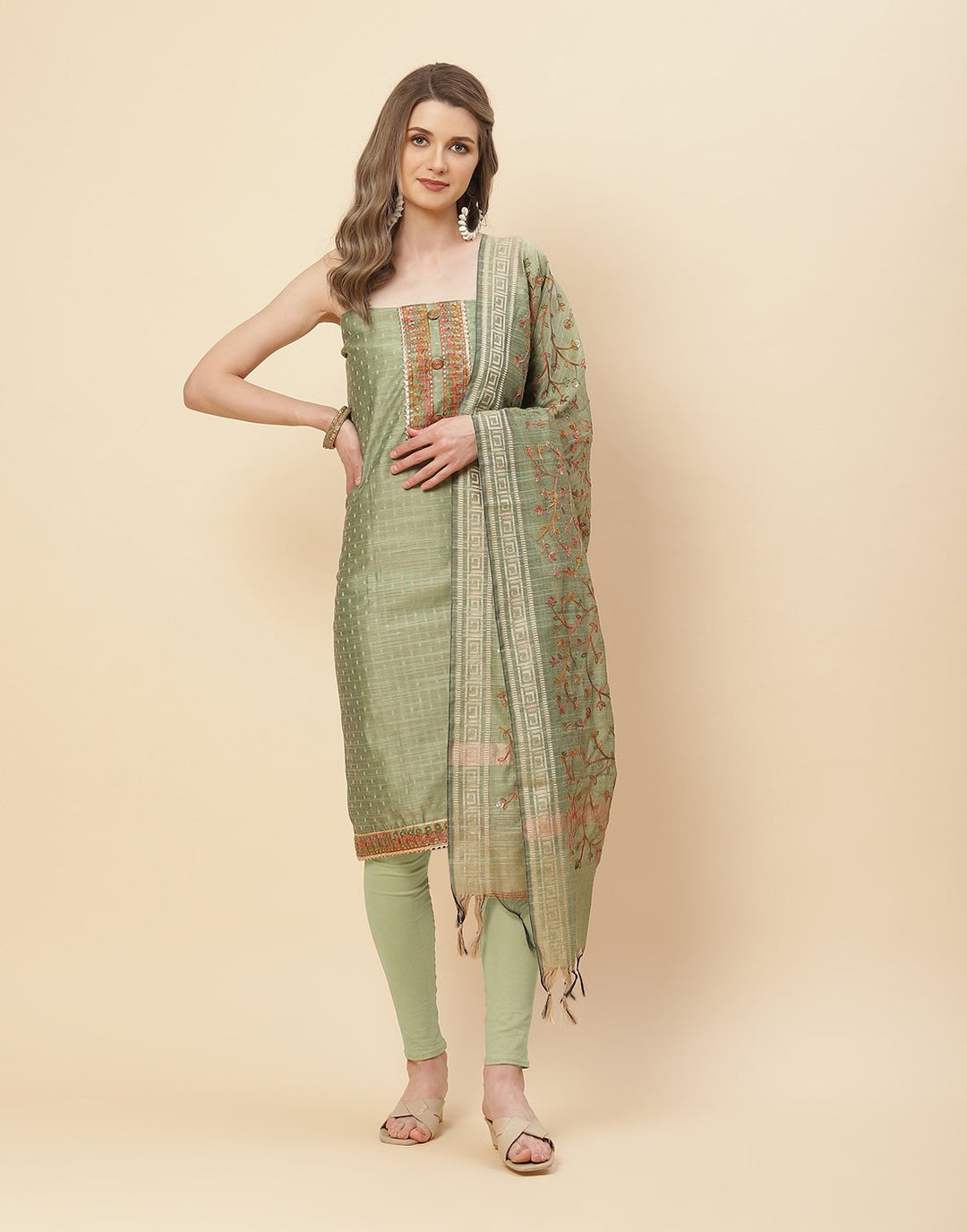 Embroidered Chanderi Suit Piece With Dupatta