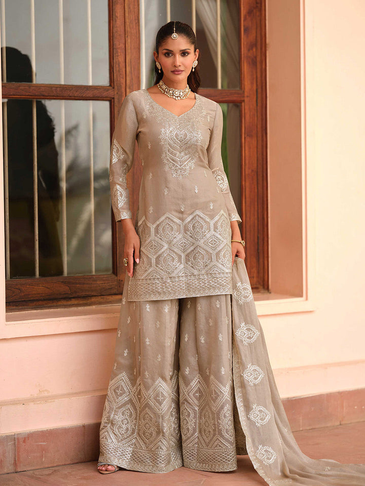 Embroidered Tora Silk Kurti With Gharara &amp; Dupatta