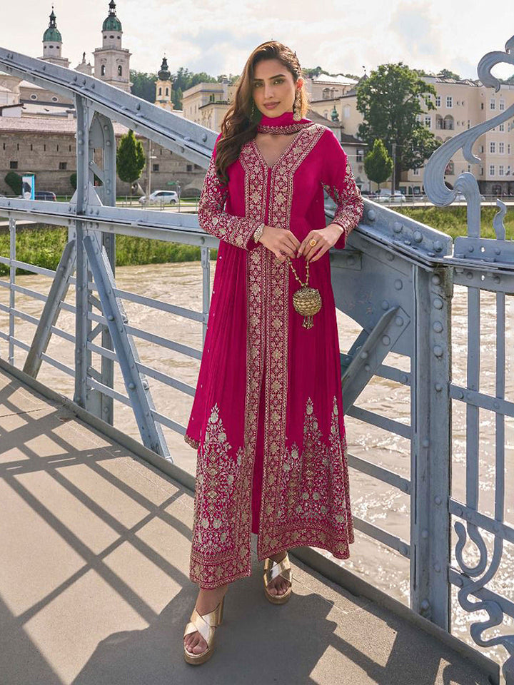 Embroidered Chinon Kurta With Plazzo &amp; Dupatta