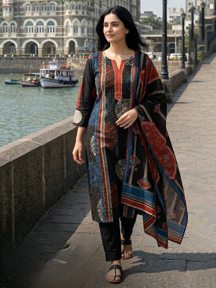Embroidered Cotton Blend Kurta With Pant &amp; Dupatta