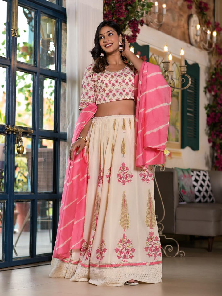 Floral Printed Cotton Choli With Lehenga &amp; Dupatta