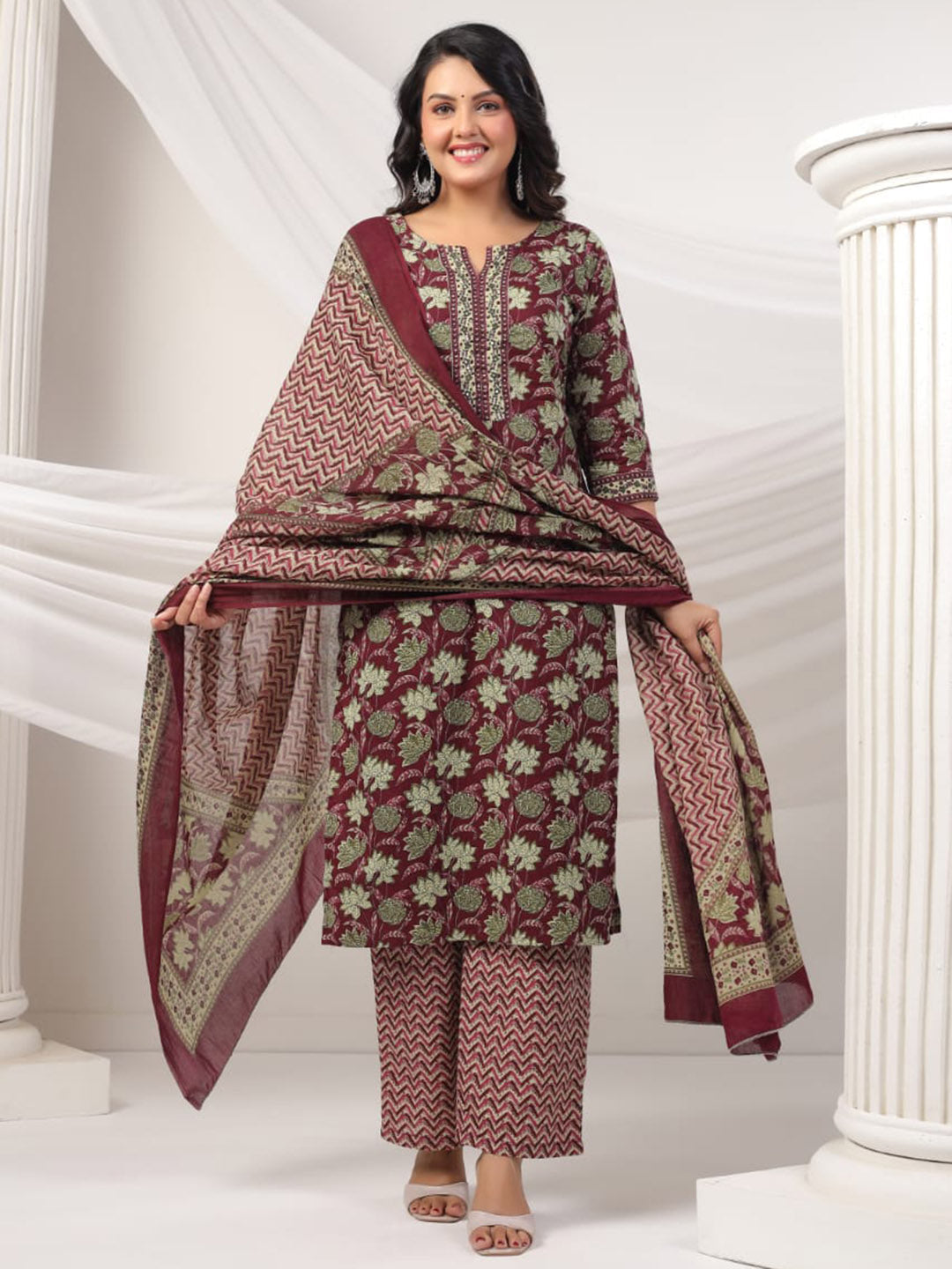 Printed Cotton Blend Kurta With Pants &amp; Dupatta