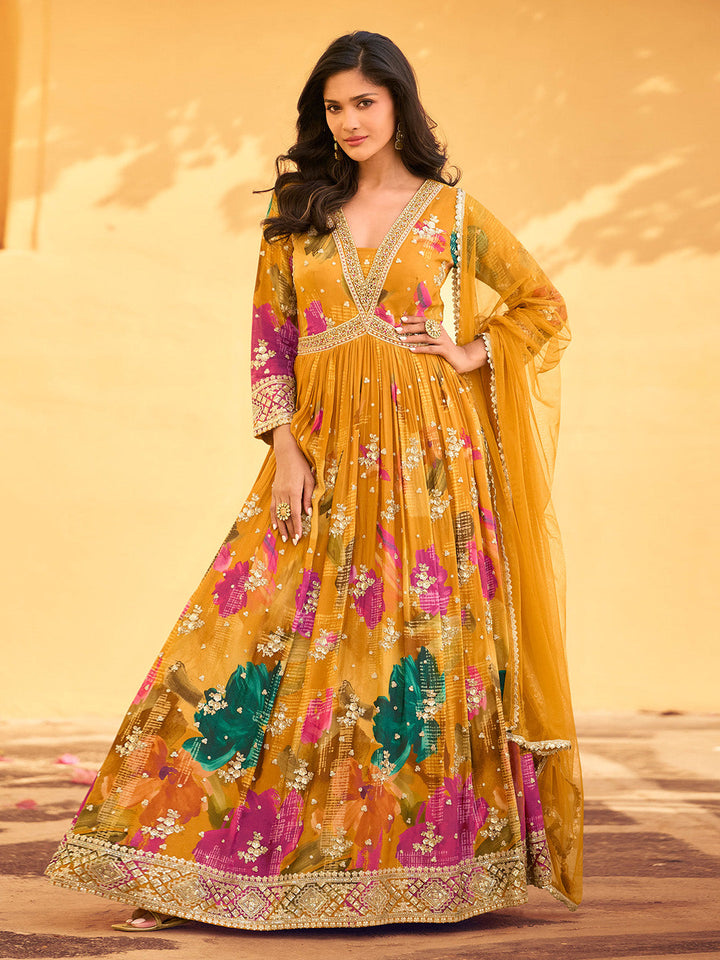 Printed &amp; Embroidered Chinon Gown With Dupatta