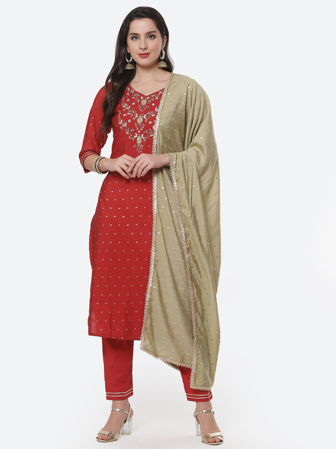 Embroidered Cotton Kurti With Pant And Dupatta
