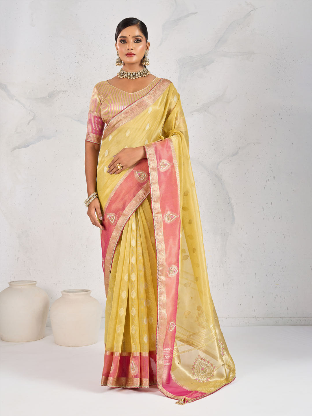 Embroidered Tissue Linen Saree