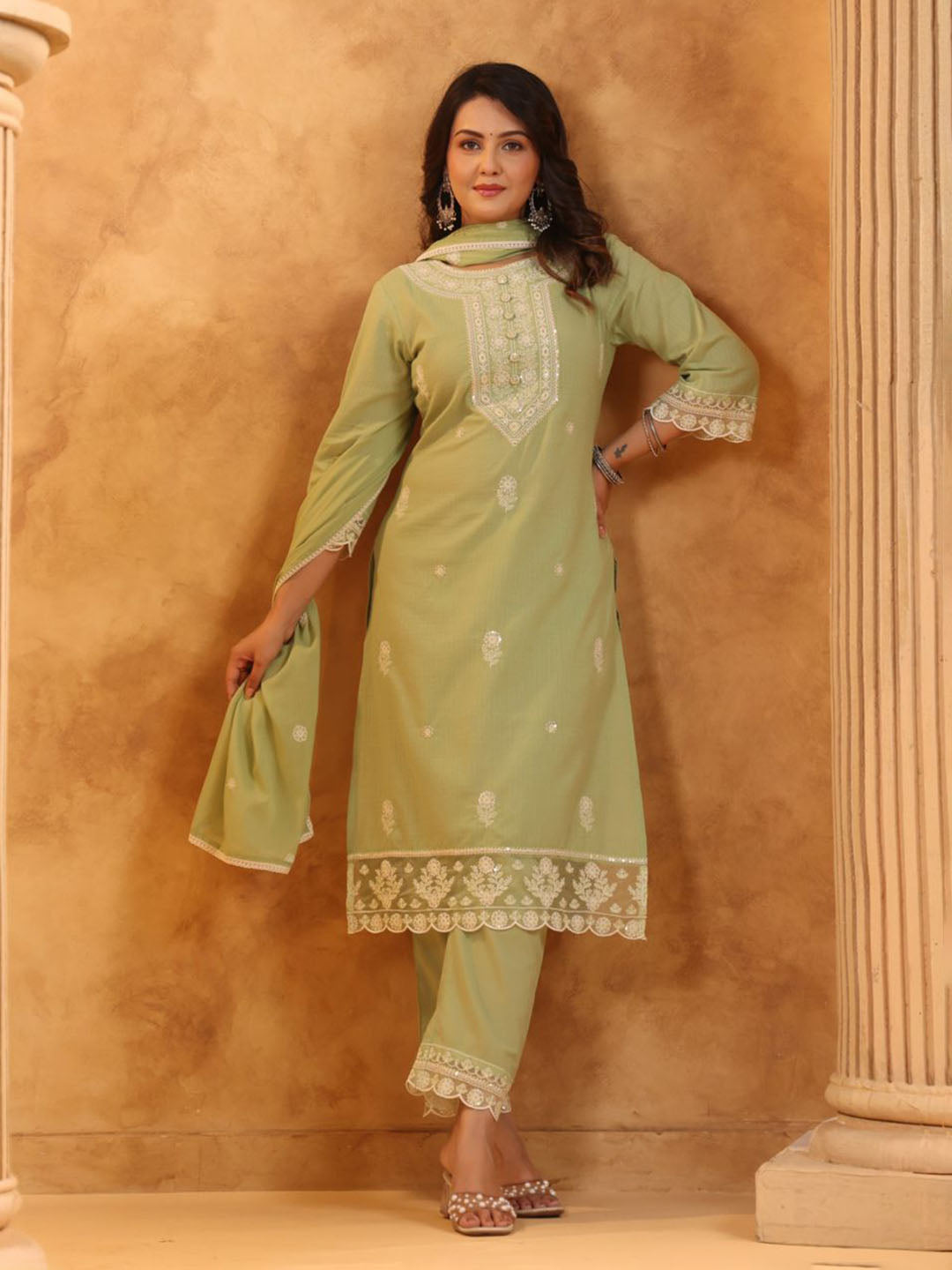 Printed Cotton Blend Kurta With Pant &amp; Dupatta
