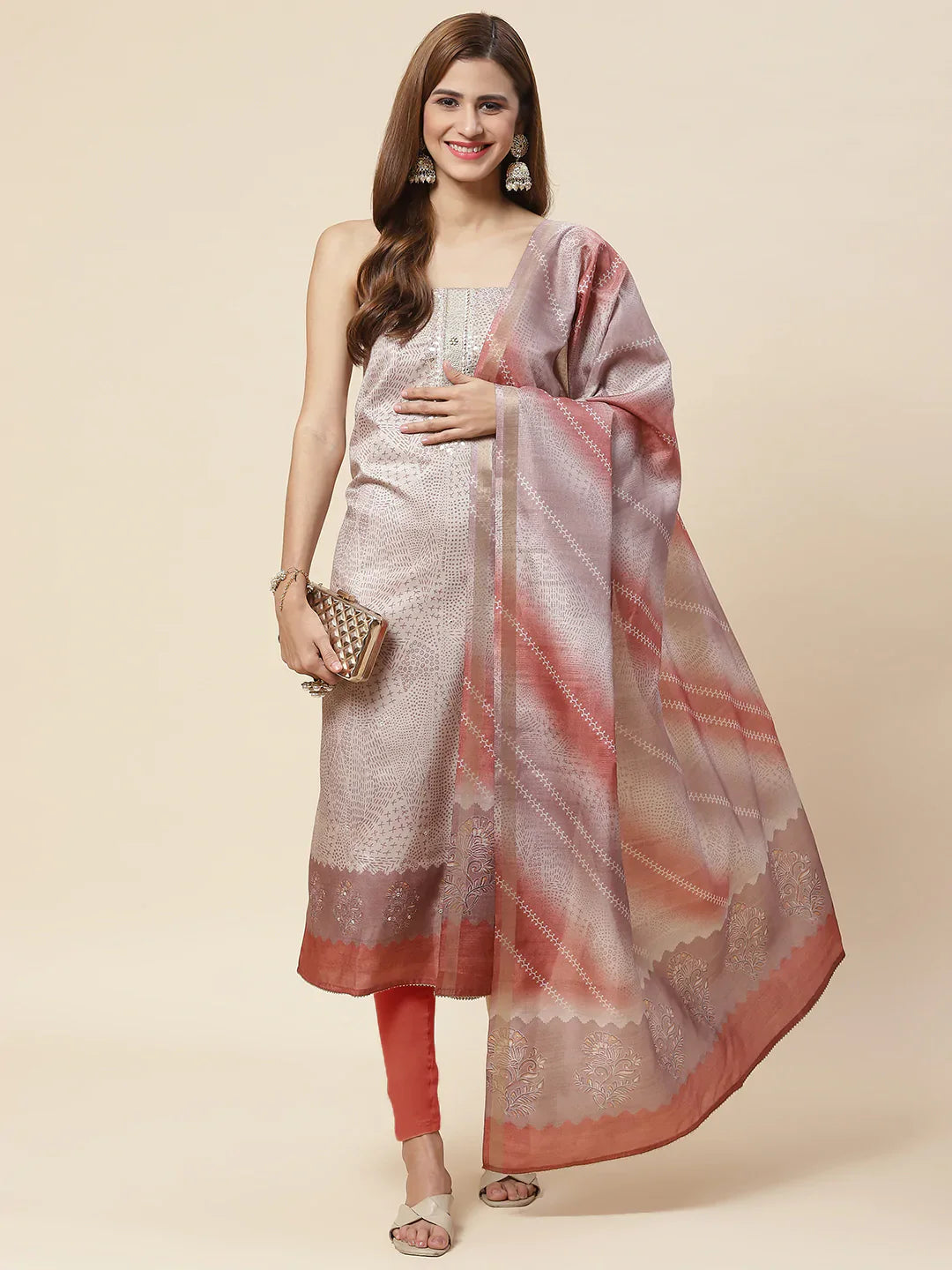 Neck Embroidered Art Tussar Unstitched Suit Piece With Dupatta