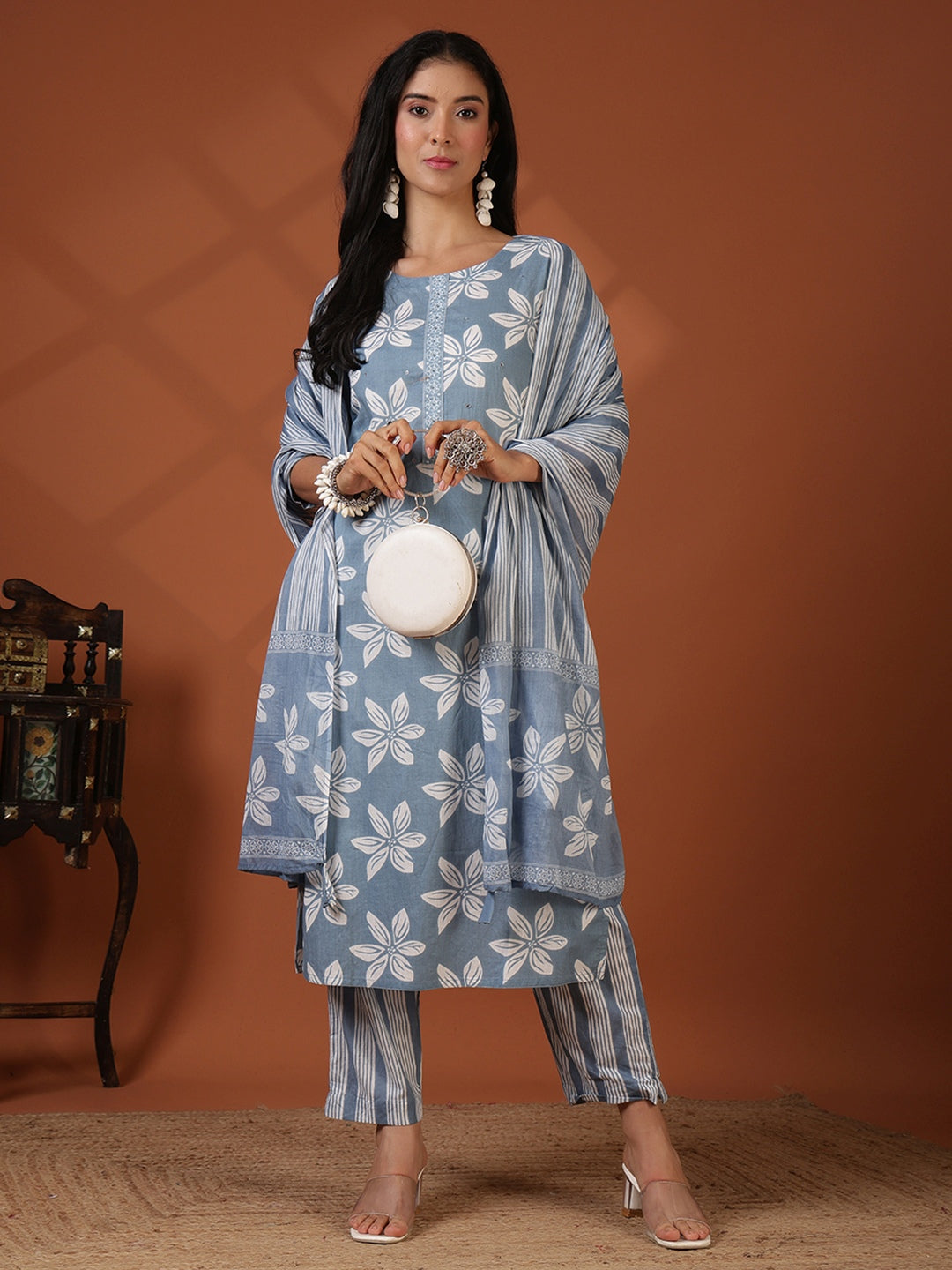 Printed Cotton Blend Kurta With Pant &amp; Dupatta