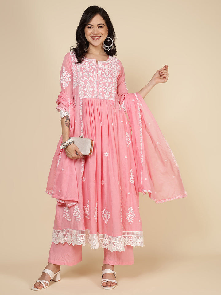 Embroidered Cotton Blend Kurta With Pants &amp; Dupatta