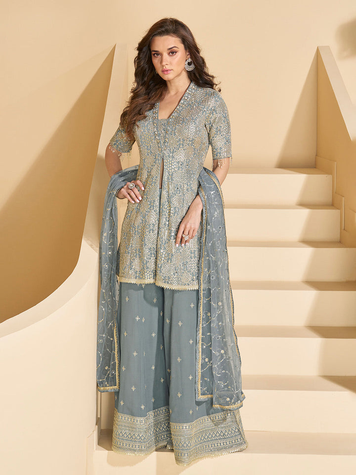 Embroidered Georgette Suit With Plazzo &amp; Dupatta