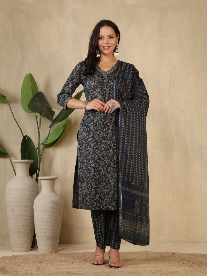 Printed Cotton Blend Suit With Pant &amp; Dupatta