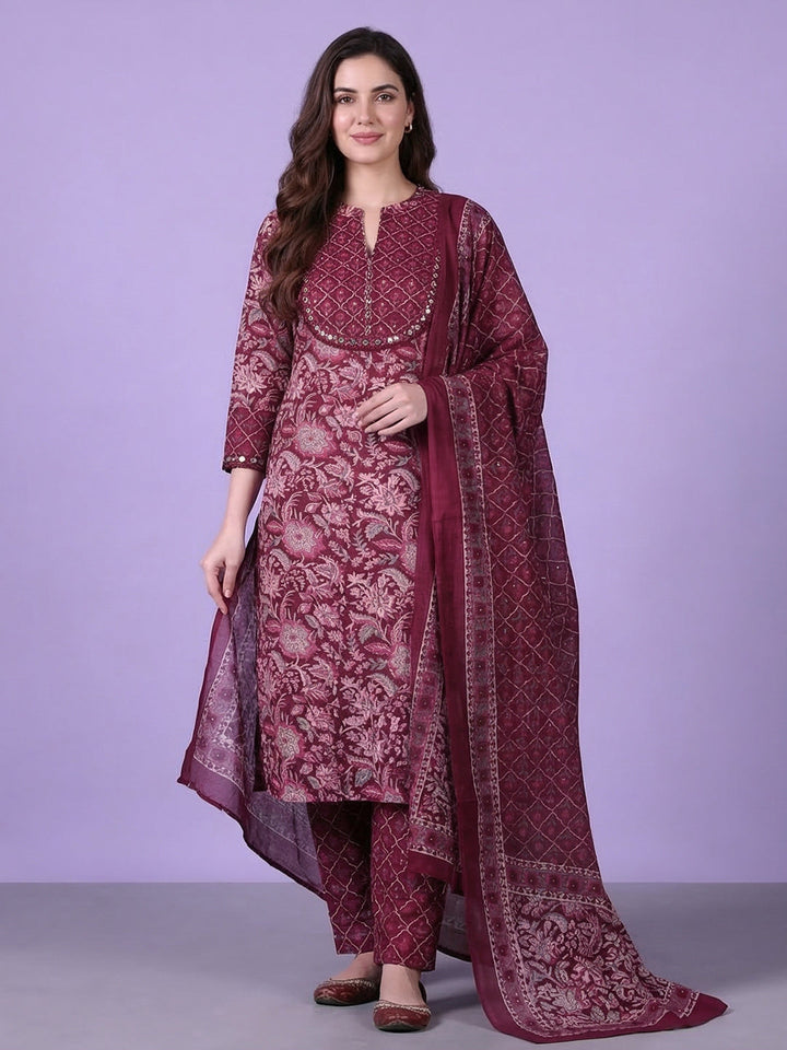 Printed Cotton Blend Kurta With Pant &amp; Dupatta