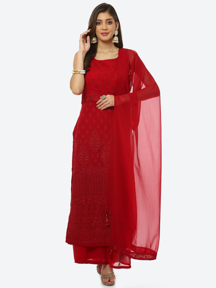 Resham Booti Georgette Kurta With Palazzo &amp; Dupatta
