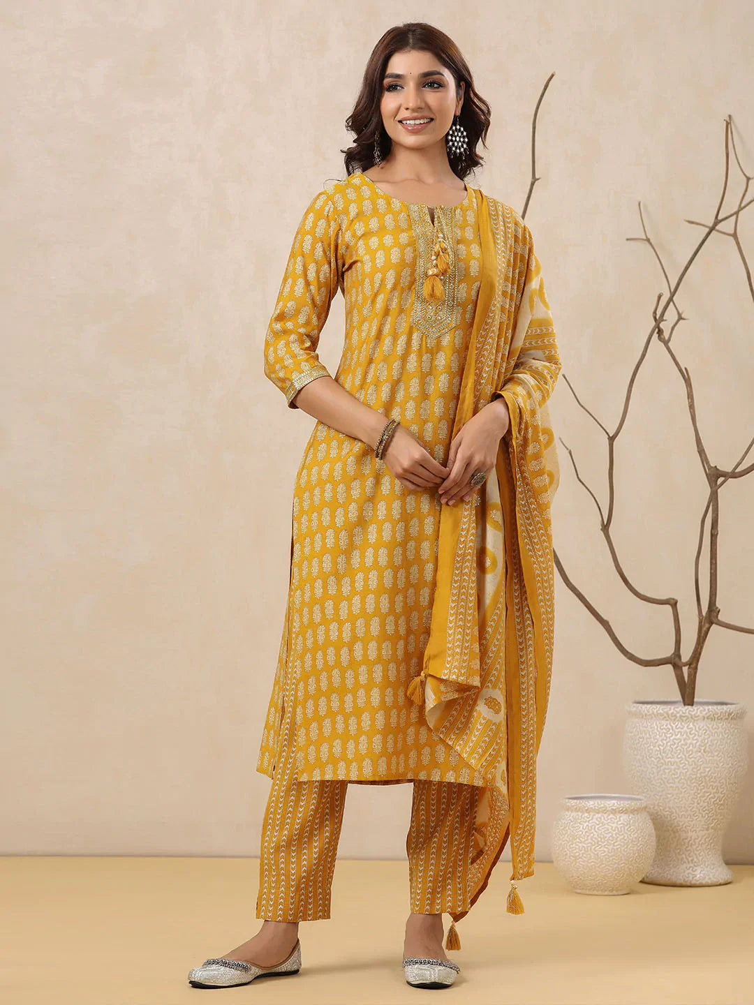 Block Printed Muslin Kurta With Pants &amp; Dupatta