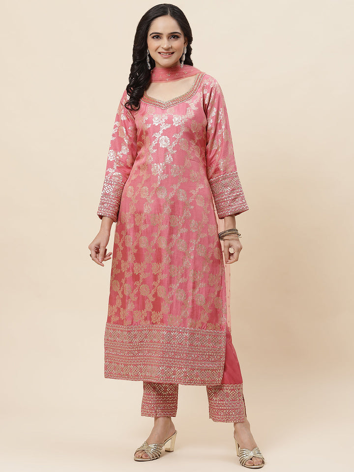 Floral Woven Handloom Kurta With Pants &amp; Dupatta