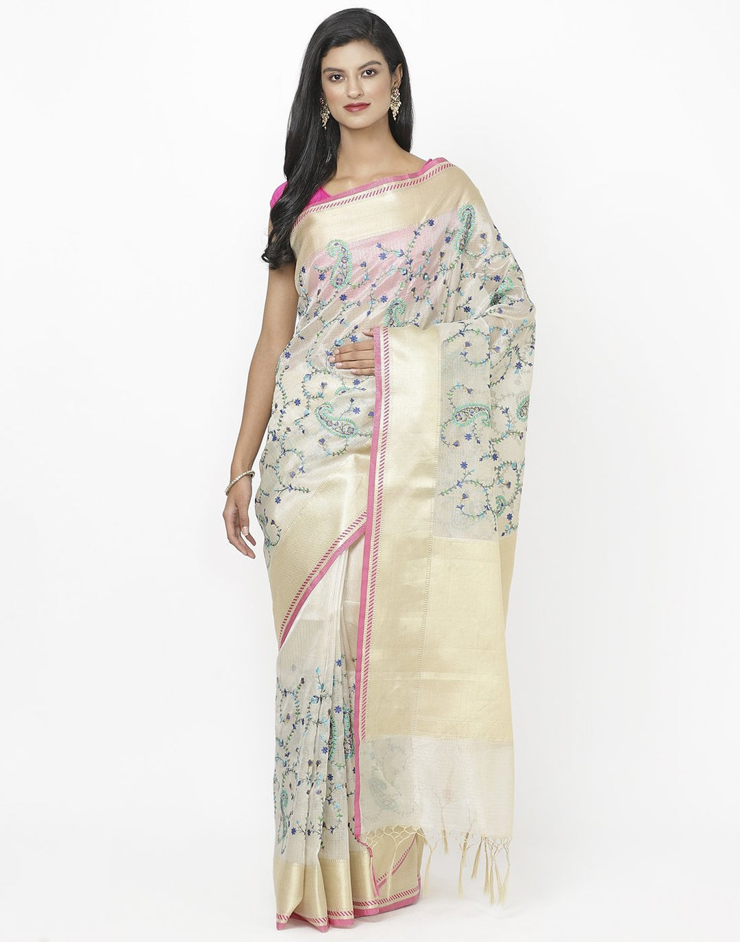 Beige Navy Cotton Tissue Saree