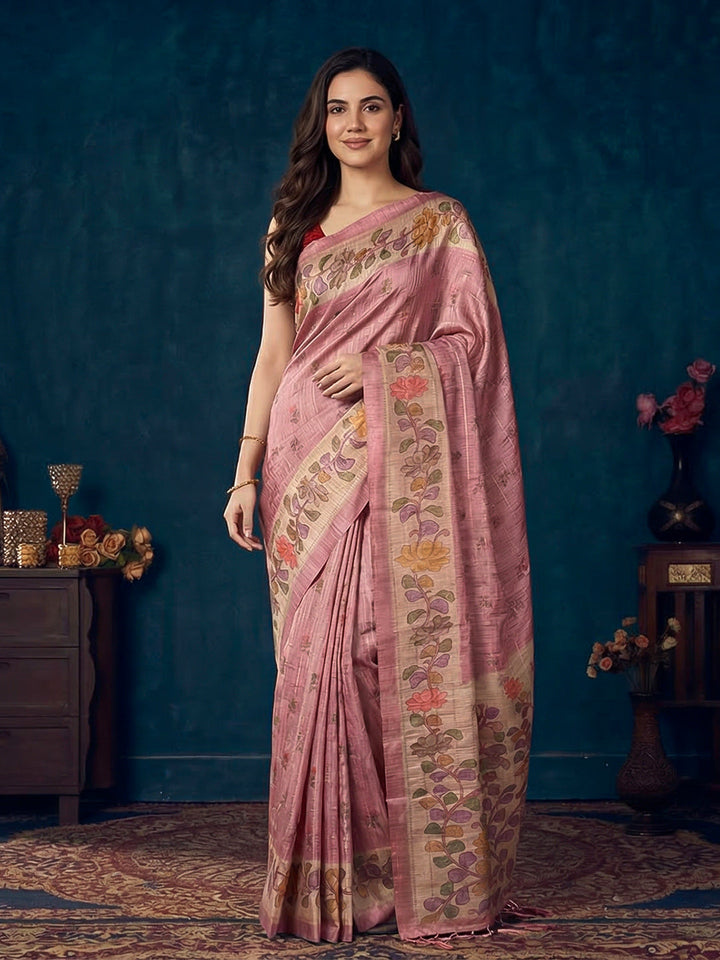 Floral Print Tussar Silk Saree
