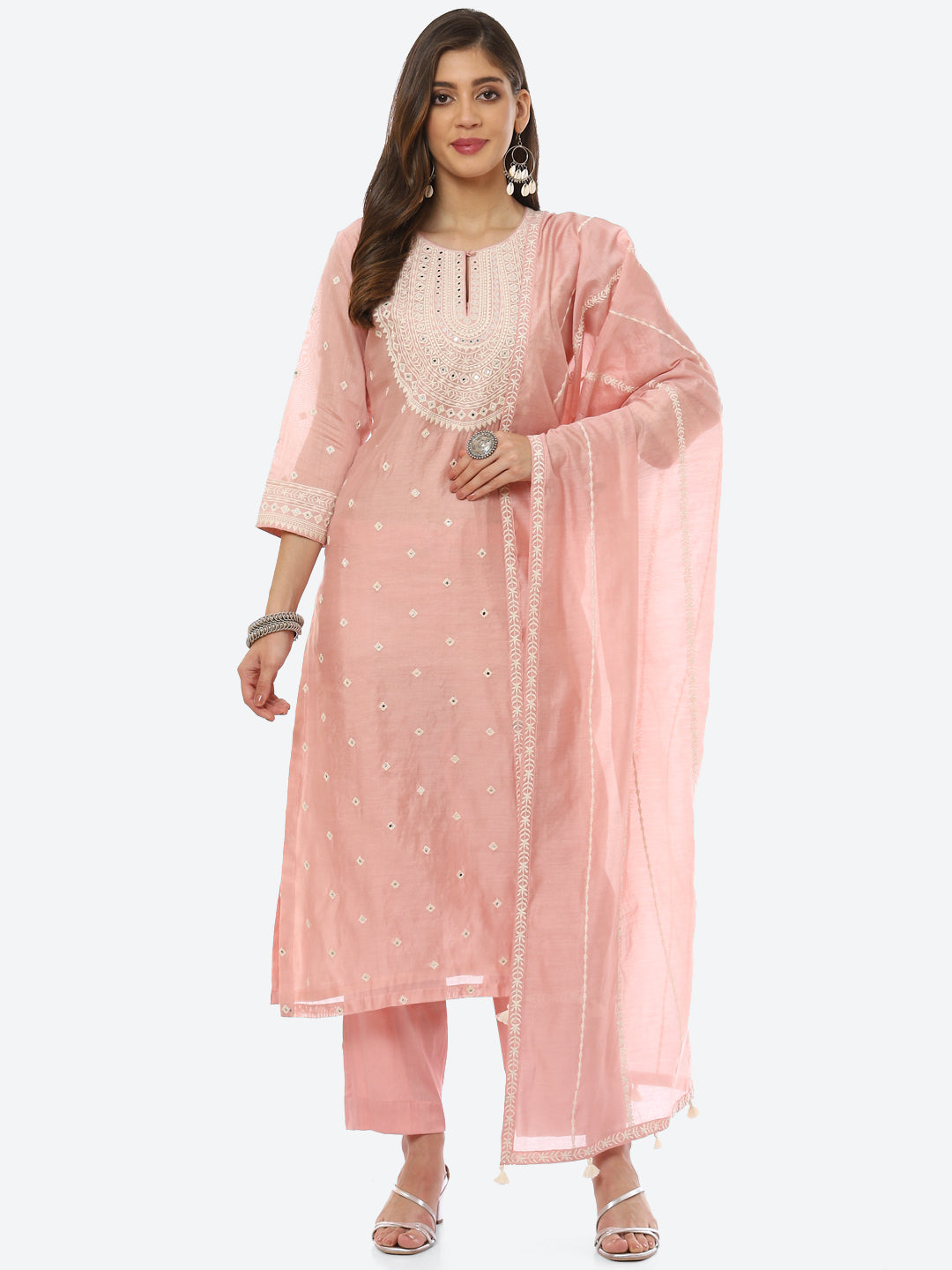 Resham Neck Booti Cotton Kurta With Pant &amp; Dupatta