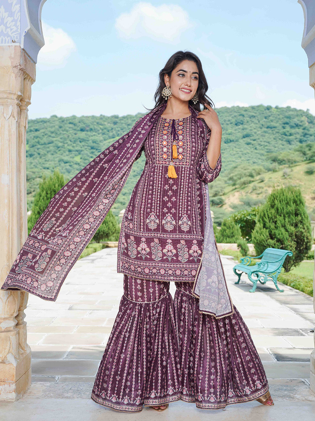 Floral Printed Crepe Kurta With Garara &amp; Silk Dupatta