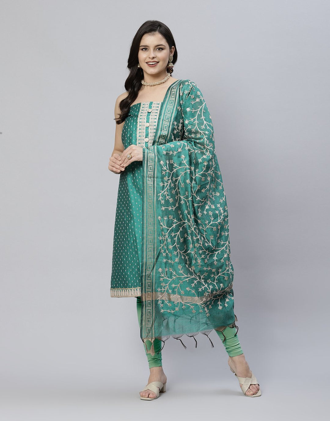 Chanderi Suit Piece With Embroidered Dupatta